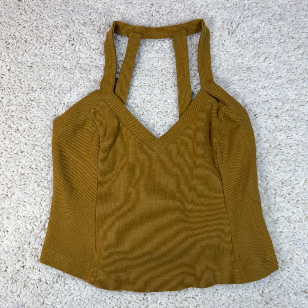 Anthropologie Ribbed Strappy Back Tank Top Womens MP Mustard Yellow Boho Crop
